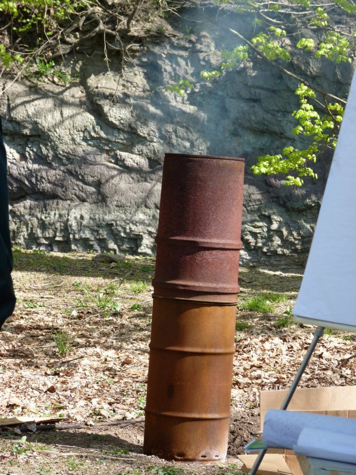 TLUD Kiln with afterburner in place.  Very little smoke.