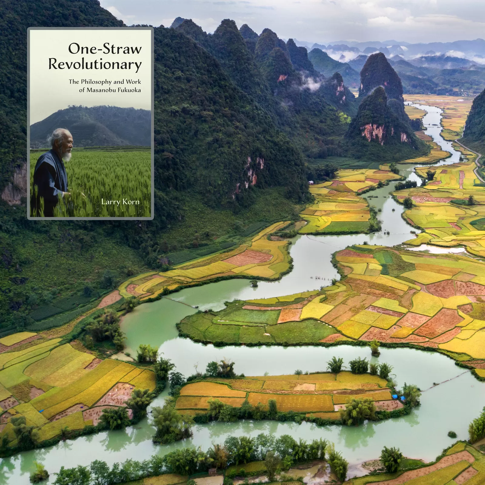 Background: A river meandering between farm fields with a lush forest to the upper left. Foreground: In the upper left, the cover of the book The One Straw Revolutionary showing Masanobu Fukuoka standing in and looking over a farm field.