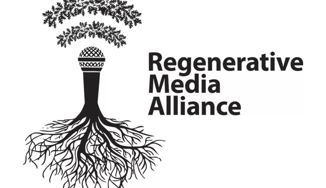 The logo for Regenerative Media Alliance. The left side of the image contains a microphone as the trunk of a tree with the branches and leaves depicted as radio waves emitted from the top with roots extending from the microphone bottom. The text "Regenerative Media Alliance" is on the right half of the picture.