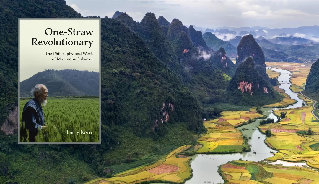 Background: A river meandering between farm fields with a lush forest to the upper left. Foreground: In the upper left, the cover of the book The One Straw Revolutionary showing Masanobu Fukuoka standing in and looking over a farm field.